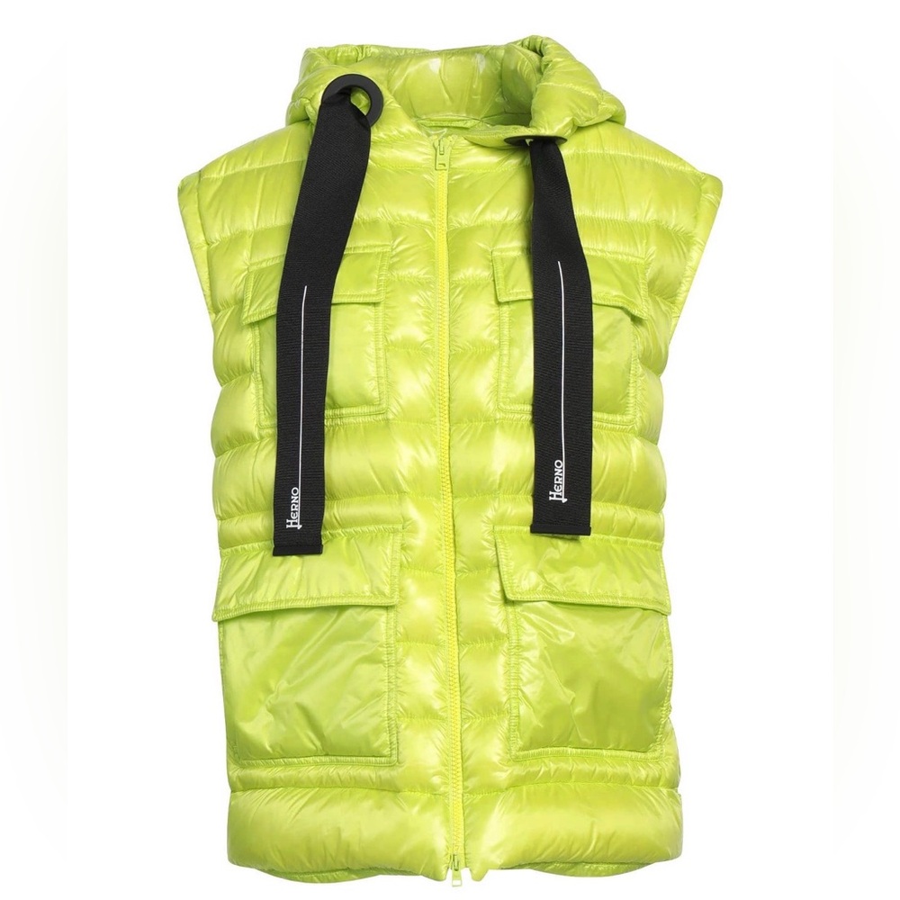 Herno Neon Lime Quilted Hooded Vest with Branded Black Drawstrings